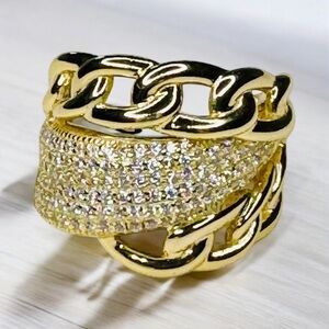 18K Gold & Sterling Silver Ring With Pave Crystals & Chain Link Look~Video